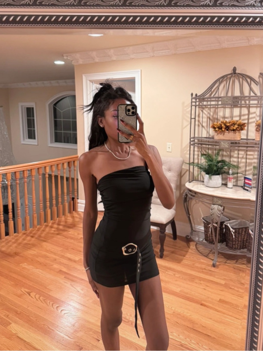 Fashion Nova Black Strapless Bodycon Mini Dress with Belt Accent